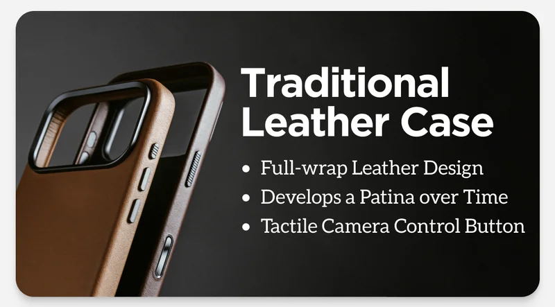 Traditional Leather Case. Full-wrap Leather Design. Develops a Patina over Time. Tactile Camera Control Button.