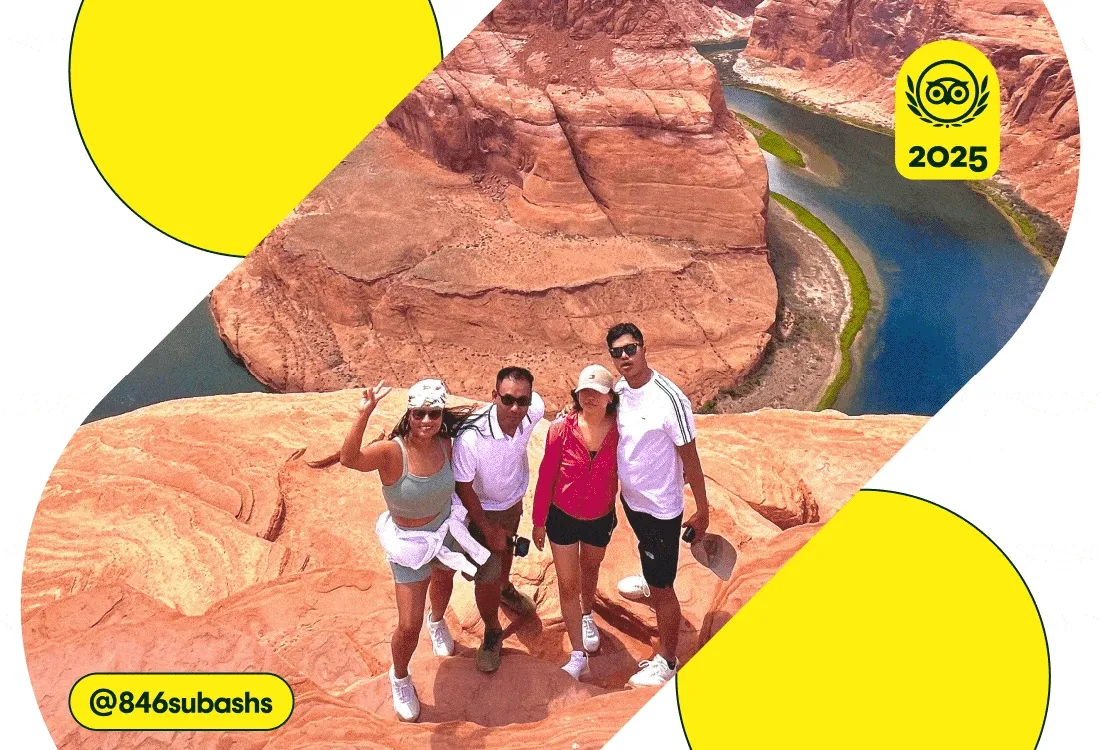 Image Description: A gif of various traveler photos including four people standing on a rocky cliff, a person feeding two birds, and a person trying food at a store. A yellow 2025 Travelers’ Choice Awards Best of the Best badge is on each image.