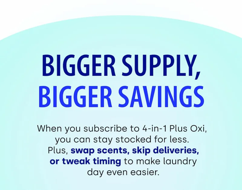 Bigger Supply, Bigger Savings | When you subscribe to 4-in-1 Plus Oxi,  you can stay stocked for less.  Plus, swap scents, skip deliveries, or tweak timing to make laundry day even easier.