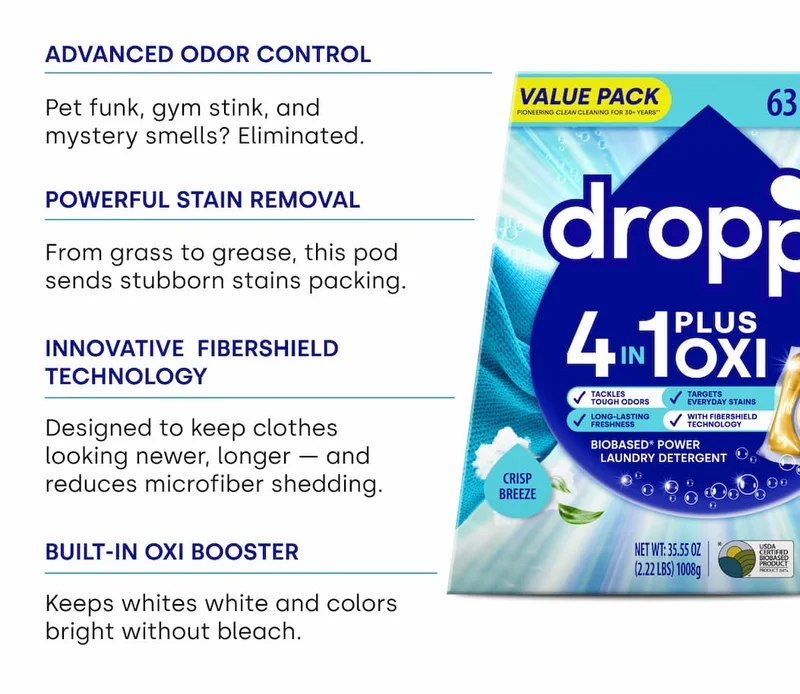 Advanced Odor Control  Pet funk, gym stink, and mystery smells? Eliminated. Powerful Stain Removal From grass to grease, this pod sends stubborn stains packing.  Innovative  FiberShield Technology Designed to keep clothes looking newer, longer — and  reduces microfiber shedding. Built-In Oxi Booster Keeps whites white and colors bright without bleach.