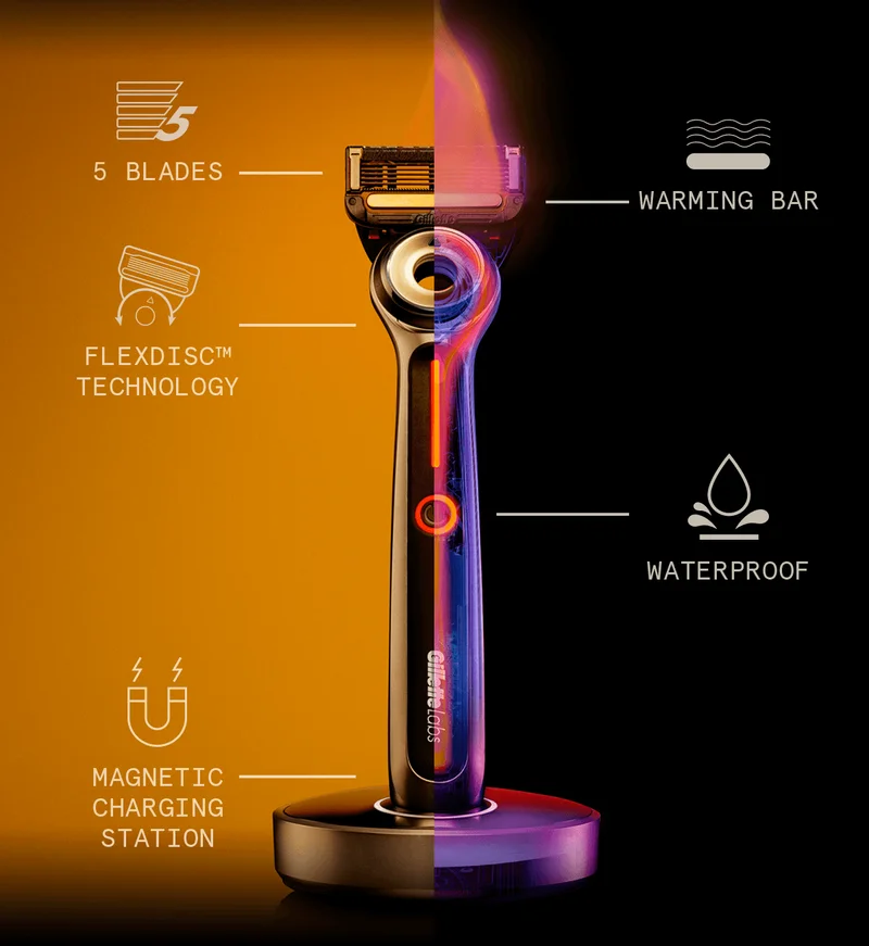 5 Blades, Warming bar, Flexdisc™ technology, Waterproof, and Magnetic charging station.