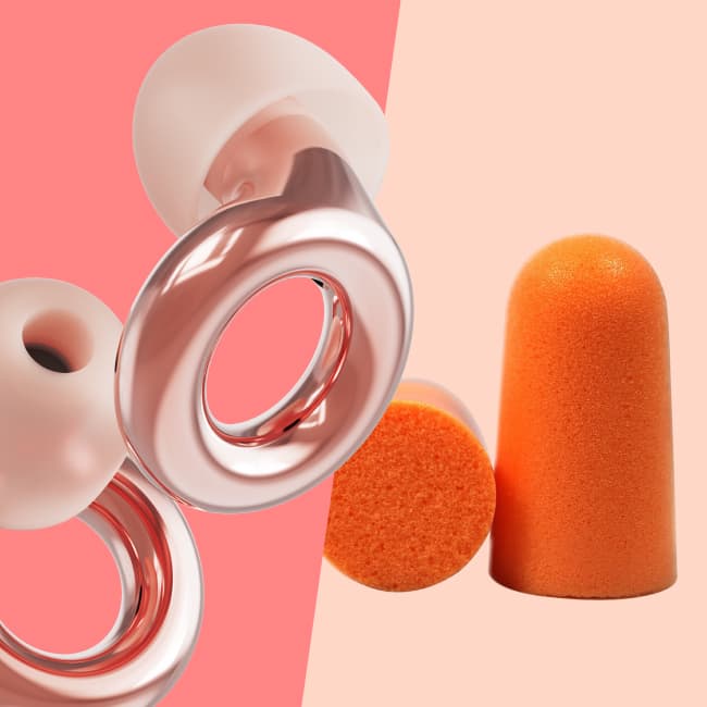 A pair of Experience Rose Gold earplugs juxtaposed with a pair of orange foam earplugs.