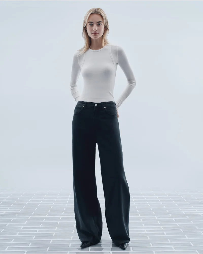 [Editorial Image]The Luxe Rib Long-Sleeve Crew | The Luxe Rib Racerback Tank | The OG Baggy Jean | The Studio Slingback Flat