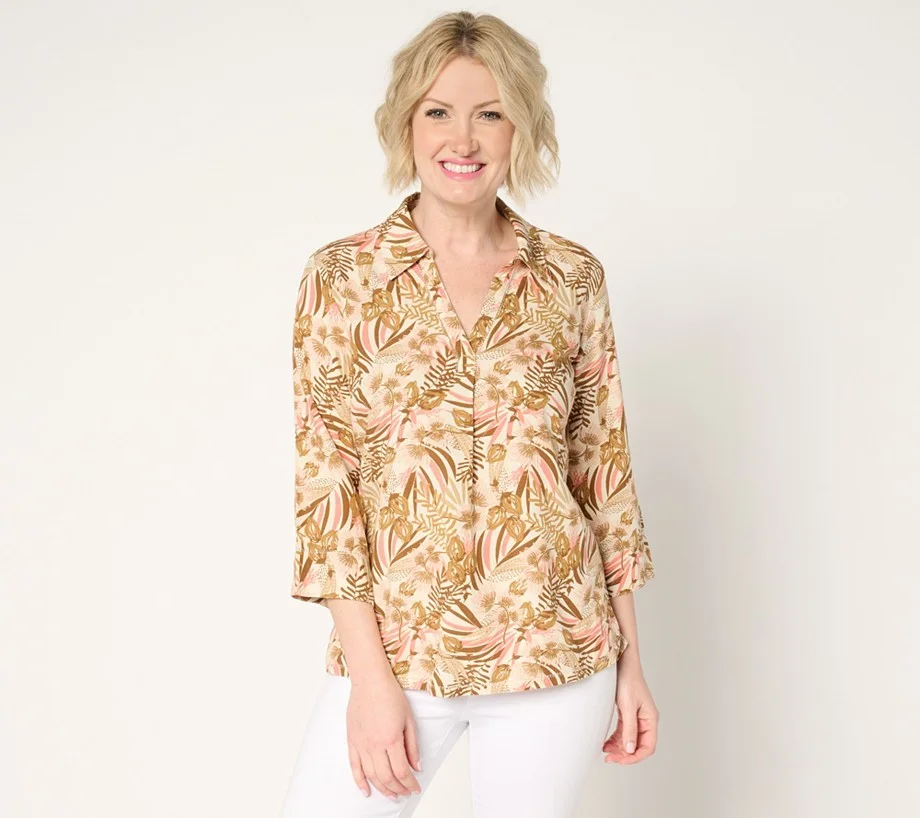 Denim & Co. Soft Linen Blend Print or Solid Collared Shirt