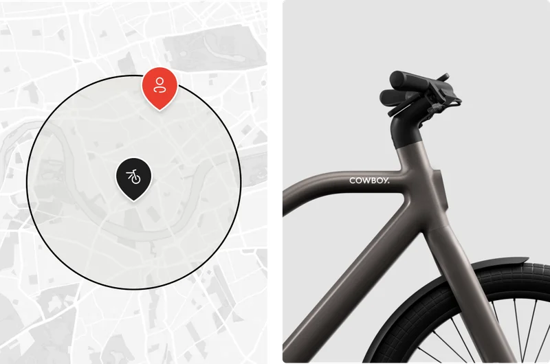 A map showing our test ride service as well as a photograph render of a Cowboy Cross