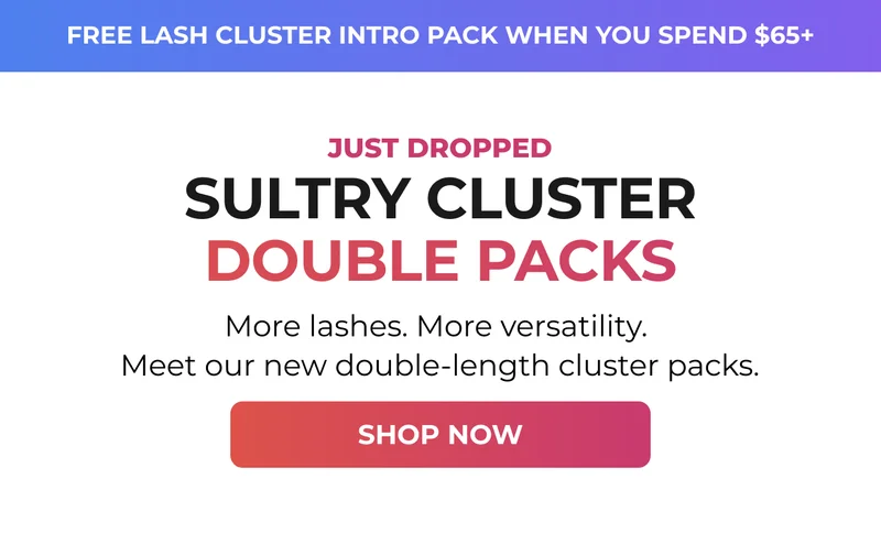 Banner announcing “Just Dropped Sultry Cluster Double Packs” with message about more lashes and versatility and a “Shop Now” button.