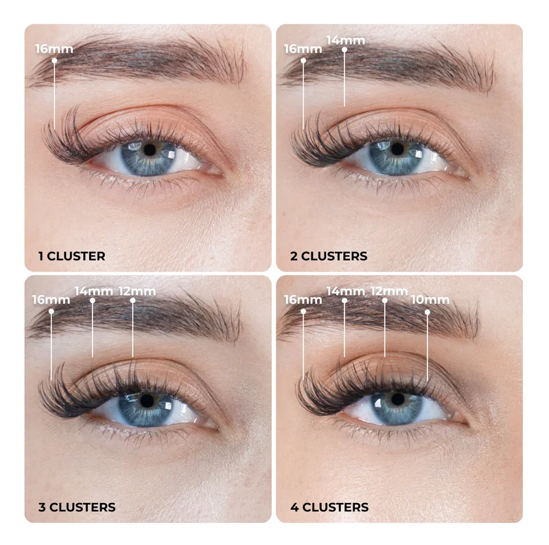 Close-up comparison showing lash cluster application with one, two, three, and four clusters, illustrating increasing lash length placement from 16mm to 10mm across the lash line.