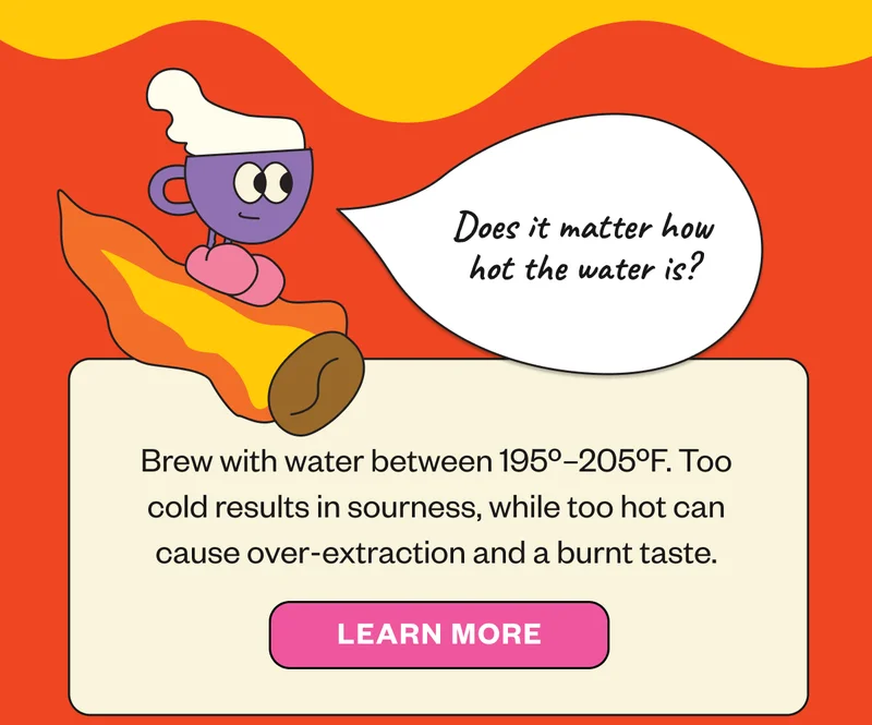 “Does it matter how hot the water is?” Brew with water between 195º–205ºF. Too cold results in sourness, while too hot can cause over-extraction and a burnt taste. Learn More
