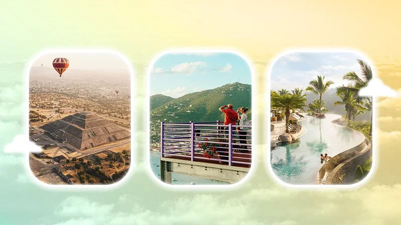 Image description: Collage of incredible experiences around the world including a hot air balloon flying over ancient ruins, two people on a pier looking at green mountains, and two people in an infinity pool in the jungle.