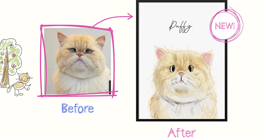 BEFORE: Customer's pet photo. AFTER: Finished pet portrait