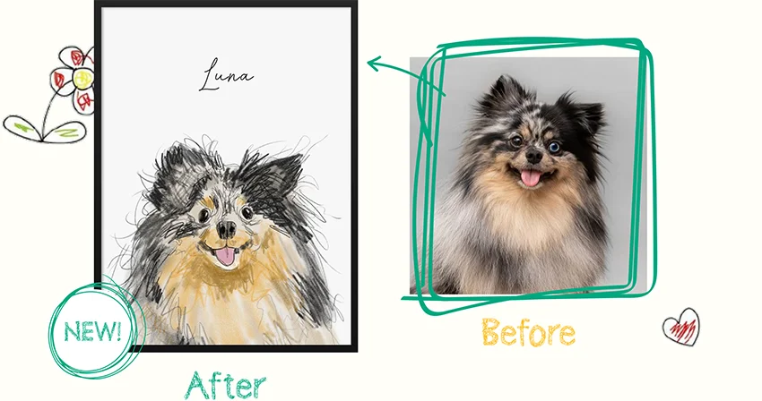 BEFORE: Customer's pet photo. AFTER: Finished pet portrait