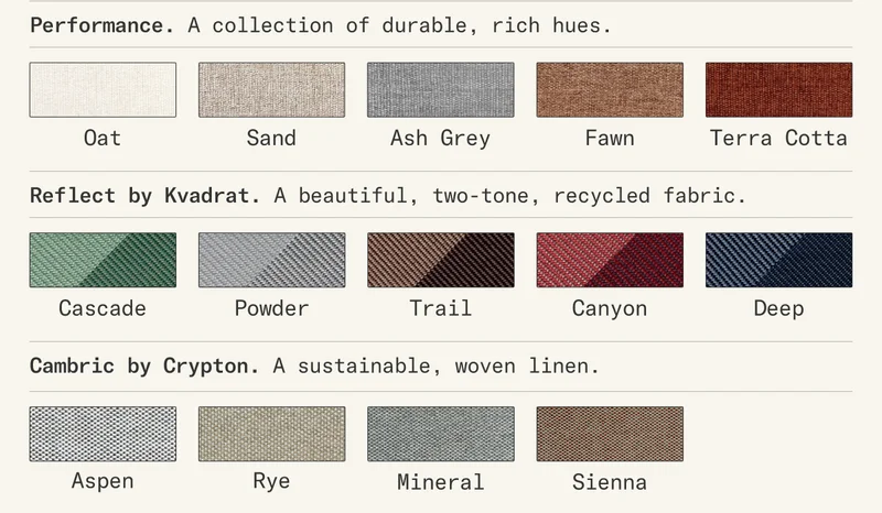 Featuring high-quality upholstery options from Kvadrat and Crypton.