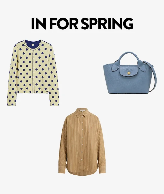 In for spring. A polka dot cardigan, blue purse, gold pinstripe button-up shirt, pale yellow sneakers and a tan jacket.