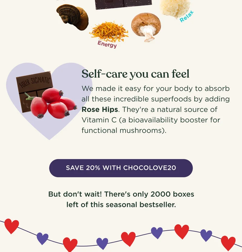 Self-care you can feel - We made it easy for your body to absorb all these incredible superfoods by adding Rose Hips. They're a natural source of Vitamin C (a bioavailability booster for functional mushrooms). - SAVE 20% WITH CHOCOLOVE20 - But don't wait! There's only 2000 boxes left of this seasonal bestseller!