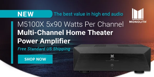 Monolith (logo) M5100X 5x90 Watts Per Channel Multi-Channel Home Theater Power Amplifier The best value in high end audio Free Standard US Shipping Shop Now