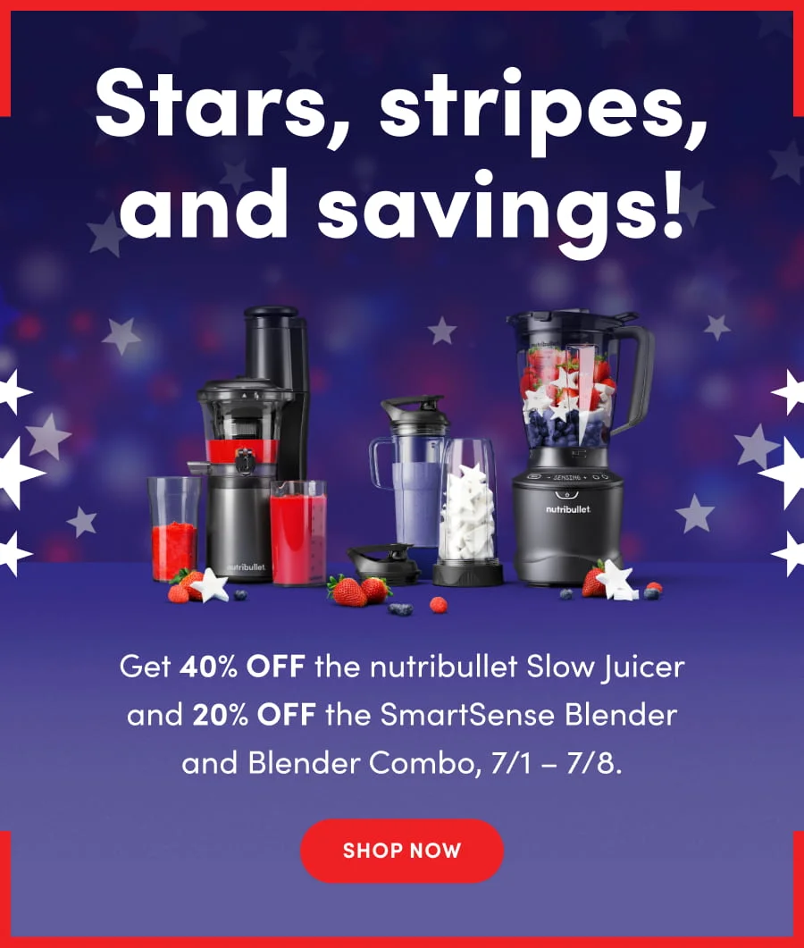 nutribullet blenders featured with patriotic stars and colors, promoting discounts on select products.