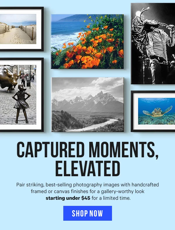 Captured Moments, Elevated: Pair striking, best-selling photography images with handcrafted framed or canvas finishes for a gallery-worthy look starting under $45 for a limited time.
