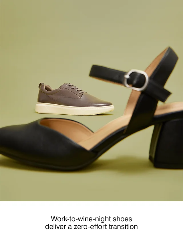 The Melle block heel in Black in the foreground and the Abe leather sneaker in Grey in the background.