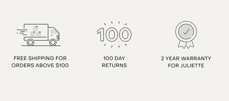 Free shipping for orders above $100. 100 day returns. 2 year warranty for Bags.