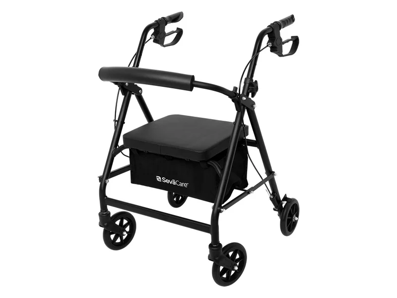 SevaCare by Monoprice Aluminum Rollator Walker With Seat, Rolling Walker, Handle Adjustable, 6" Wheels, 300 Lbs Max Load