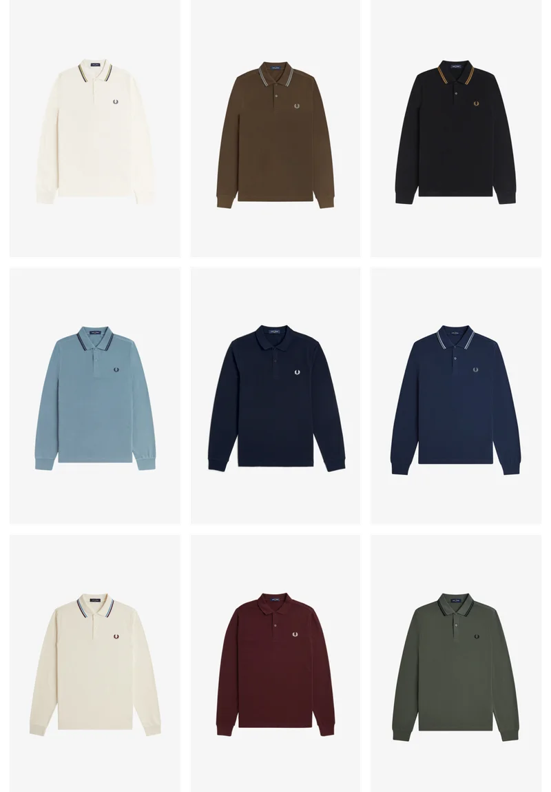 A selection of long sleeve Fred Perry polo shirts