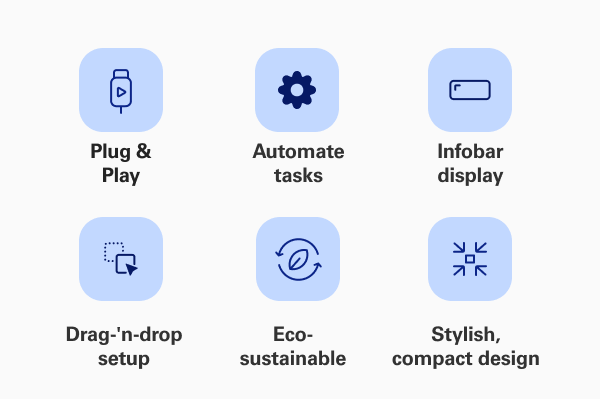 Plug-'n-play, Automate tasks, Infobar display, Drag-'n-drop setup,  Eco-sustainable,  Stylish, compact design