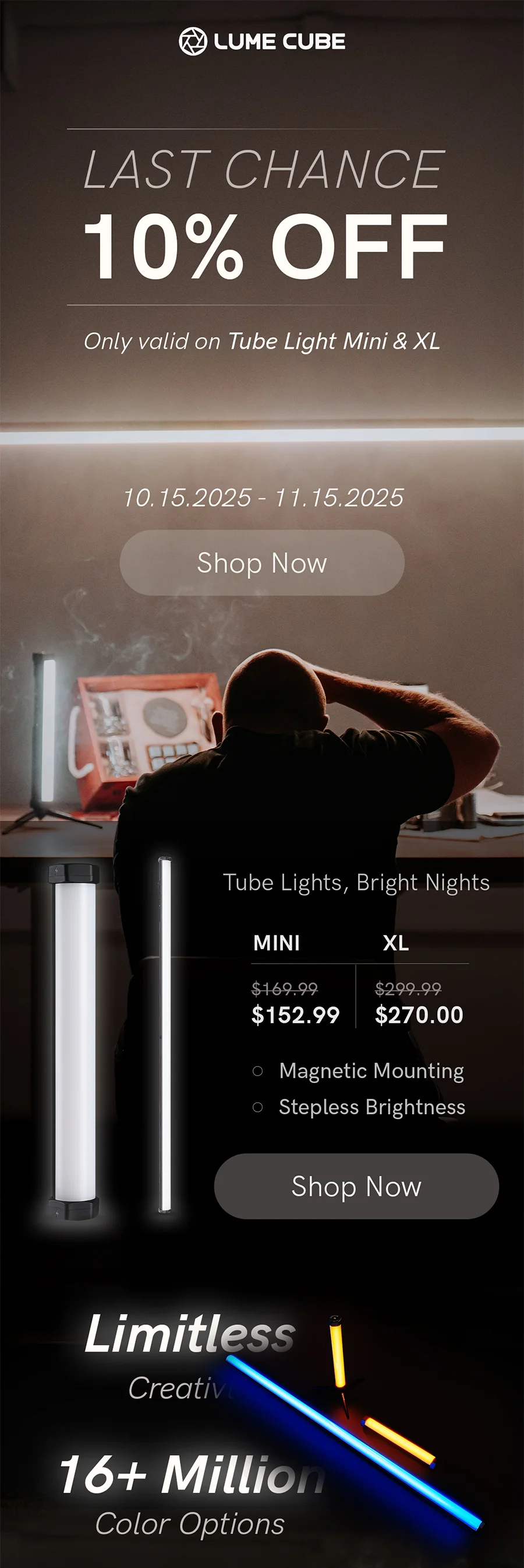 Last Chance 10% Off Tube Light Mini & XL sale banner with Shop Now button.