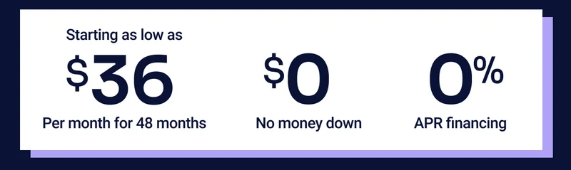 Starting as low as $36 Per month for 48 months $0 No money down 0% APR financing