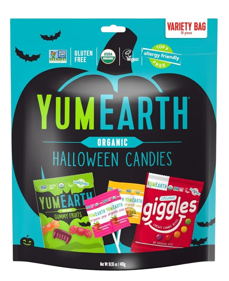 Image of YumEarth Organic Halloween Candies - Variety Pack (Gummy Fruits, Lollipops, and Giggles) (50 CT)
