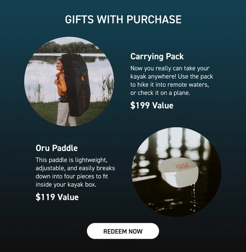 New Deal of the Week! Get a FREE paddle + carrying pack ($318 value) with any kayak purchase! New Deal of the Week! Get a FREE paddle + carrying pack ($318 value) with any kayak purchase!