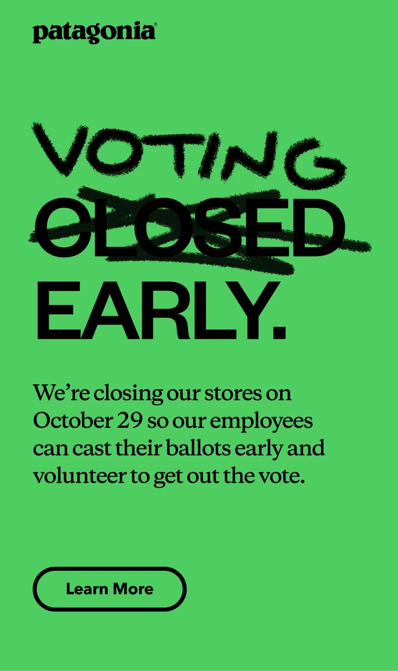 Patagonia. Voting Early. We’re closing our stores on October 29 so our employees can cast their ballots early and volunteer to get out the vote.