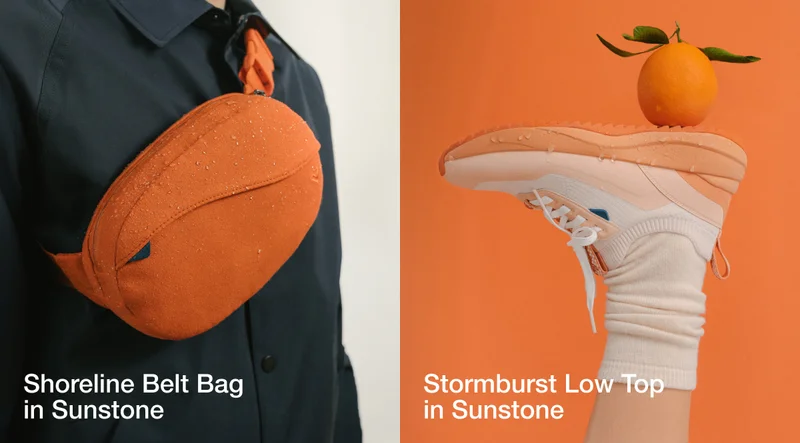 Split graphic of the Shoreline Belt Bag and Stormburst Low Top in Sunstone.