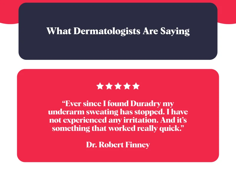 What Dermatologists Are Saying “Ever since I found Duradry my underarm sweating has stopped. I have not experienced any irritation. And it’s something that worked really quick.”  Dr. Robert Finney
