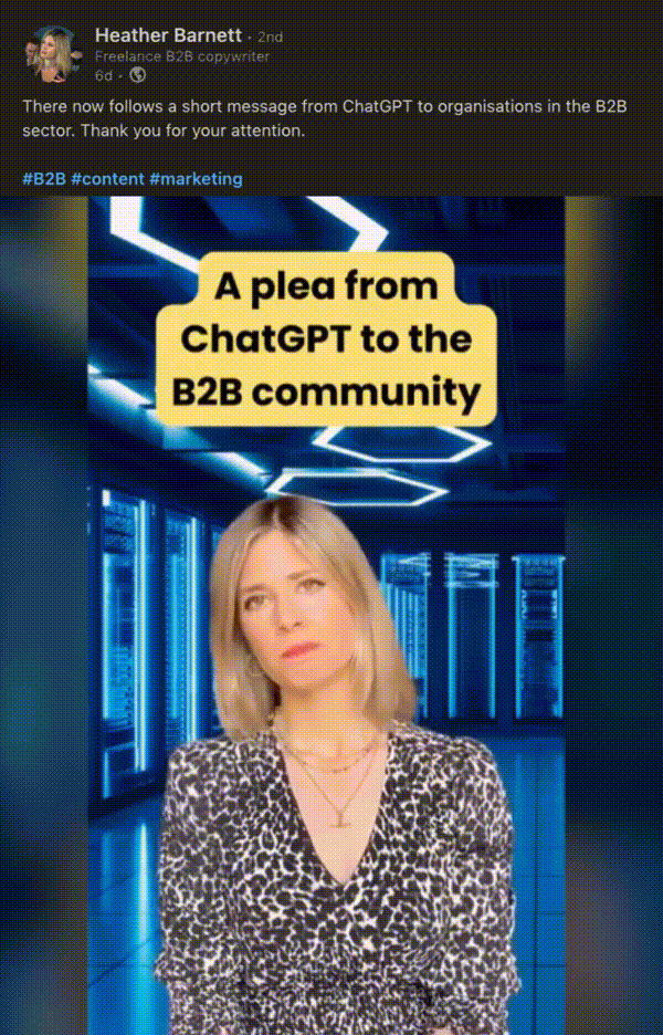 Heather Barnett on Linkedin: A video of ChatGPT making a plea to the B2B Community