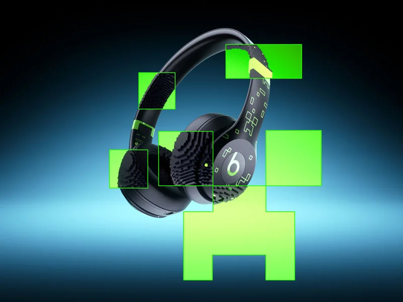 Special-edition Minecraft | Beats Solo 4 headphones with a design inspired by Minecraft’s pixel art textures and framed by metallic green hinges.