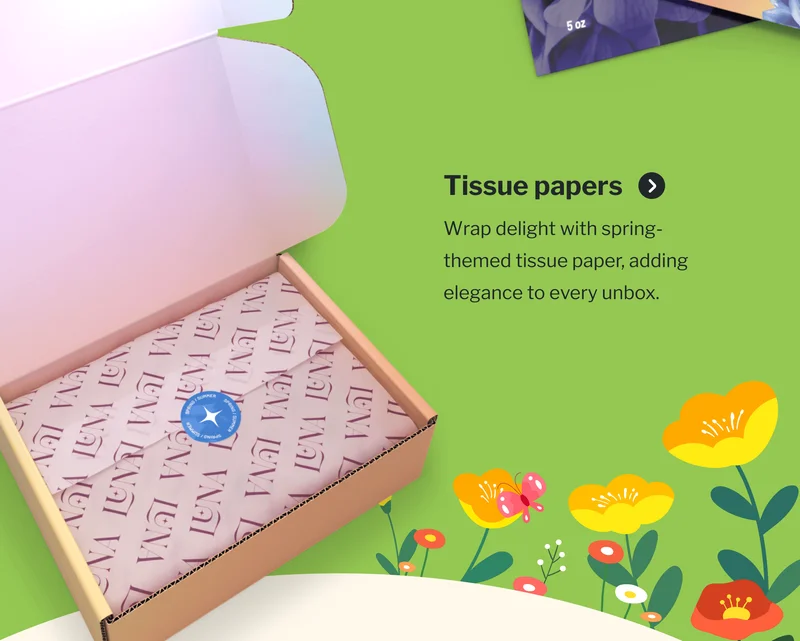 Tissue Papers | Wrap delight with spring-themed tissue paper, adding elegance to every unbox. Tissue Papers | Wrap delight with spring-themed tissue paper, adding elegance to every unbox.