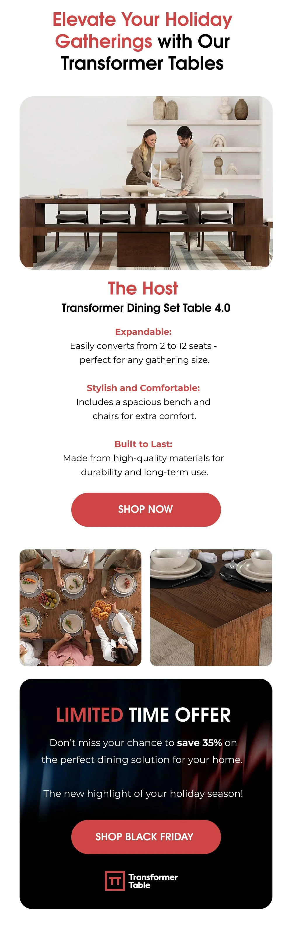 Expandable dining tables with easy-to-clean surfaces, perfect for holiday gatherings and everyday use.