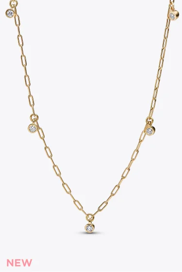 Pandora Era Bezel Lab-Grown Diamond Dangle Station Paperclip Chain Necklace