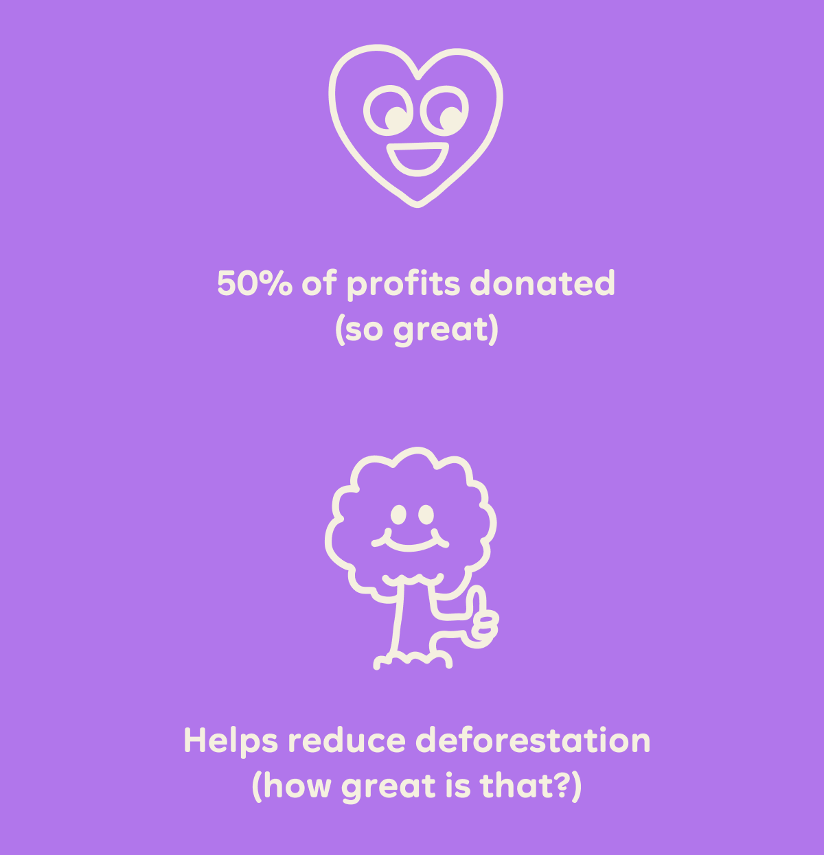 50% of profits donated (so great). Helps reduce deforestation (how great is that?)