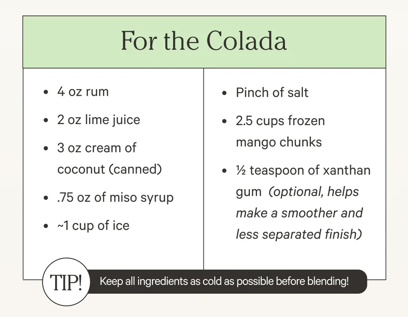 For the Colada - Tip Keep all ingredients as cold as possible before blending