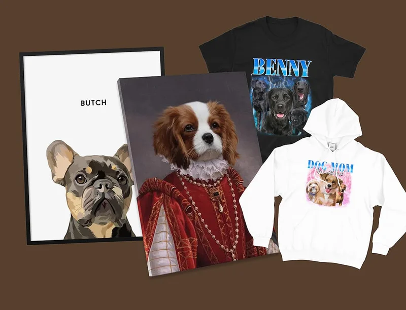 Mock ups of Modern pet portrait, renaissance pet portrait, vintage pet t shirt and vintage pet hoodie