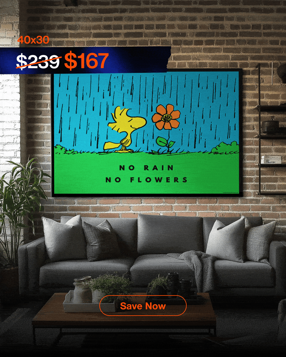 Rotating gallery of discounted IKONICK canvas art for the Cyber Monday sale, showcasing various sizes and slashout prices. The pieces include: No Rain No Flowers displayed in a modern living room, Michael Jordan Dunk in a concrete home gym, Chase The Vision above a vintage audio console, Life Has No Rewind cassette artwork in a warm minimalist room, Give Everything featuring Dennis Rodman diving across the court, and the If Your Circle Doesn’t Inspire You Monopoly canvas in a clean studio setup. Each frame includes the original price crossed out, the sale price in orange, and a ‘Save Now’ button.