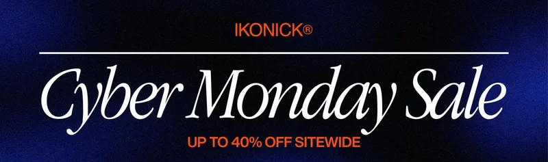 A dark blue textured banner with the IKONICK® logo in orange at the top. Large white serif text reads “Cyber Monday Sale up to 40% OFF sitewide” with a thin white horizontal line separating the header and main text.