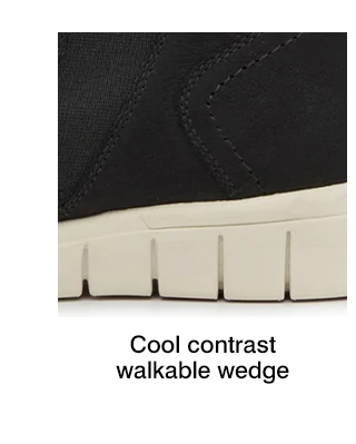 A close up of the Cemile bootie's serrated 1.6" wedge. The text says Cool contrast walkable wedge.
