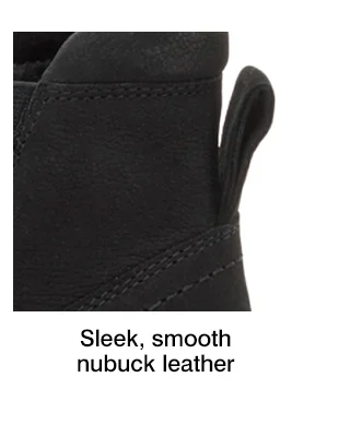 A close up of the Cemile bootie's soft nubuck upper and heel pull tab. The text says Sleek, smooth nubuck leather.