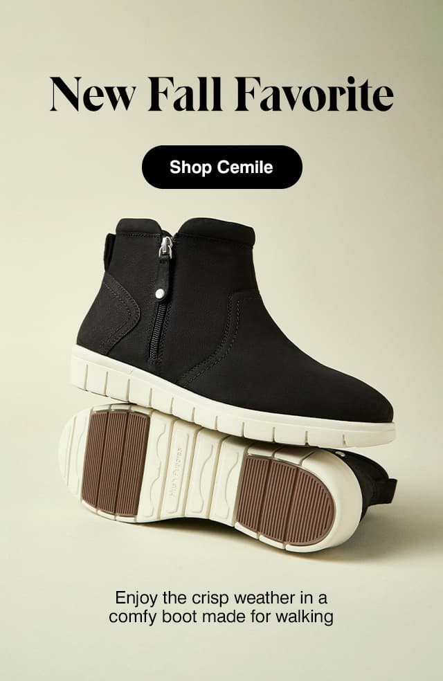 A profile and sole view of the new Cemile Bootie in Black nubuck. The email says New Fall Favorite. Enjoy the crisp weather in a comfy boot made for walking. Shop Cemile