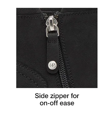 A close up of the Cemile bootie's side zipper pull. The text says Side zipper for on-off ease.