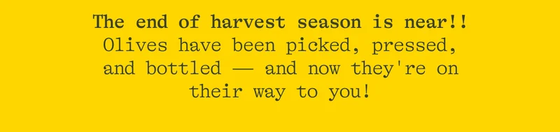 The end of harvest season is near!! Olives have been picked, pressed, and bottled - and now they're on their way to you!