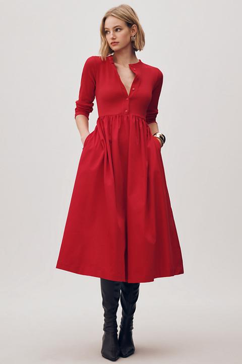Maeve Long-Sleeve Twofer Cardigan Midi Dress