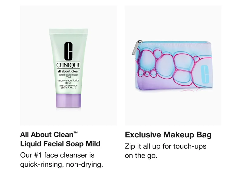 All About Clean™ Liquid Facial Soap Mild | Our #1 face cleanser is quick-rinsing, non-drying. | Exclusive Makeup Bag  | Zip it all up for touch-ups on the go.